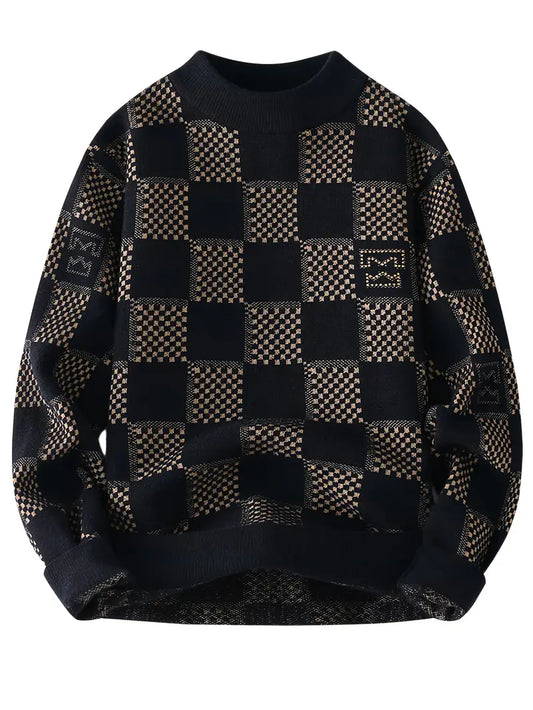Checkerboard Knit Sweater – Black & Beige Geometric Winter Pullover