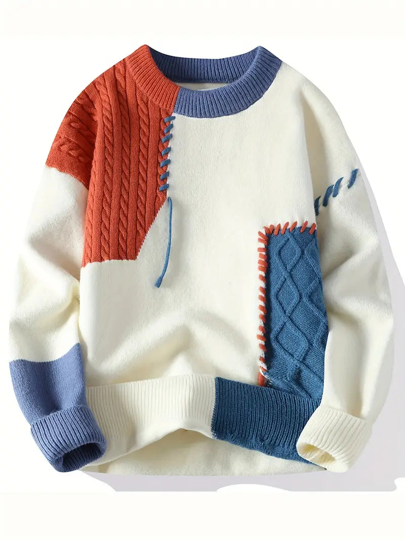 Patchwork Cable-Knit Sweater – Cream, Blue & Orange Colorblock Winter Pullover with Hand-Stitch Details
