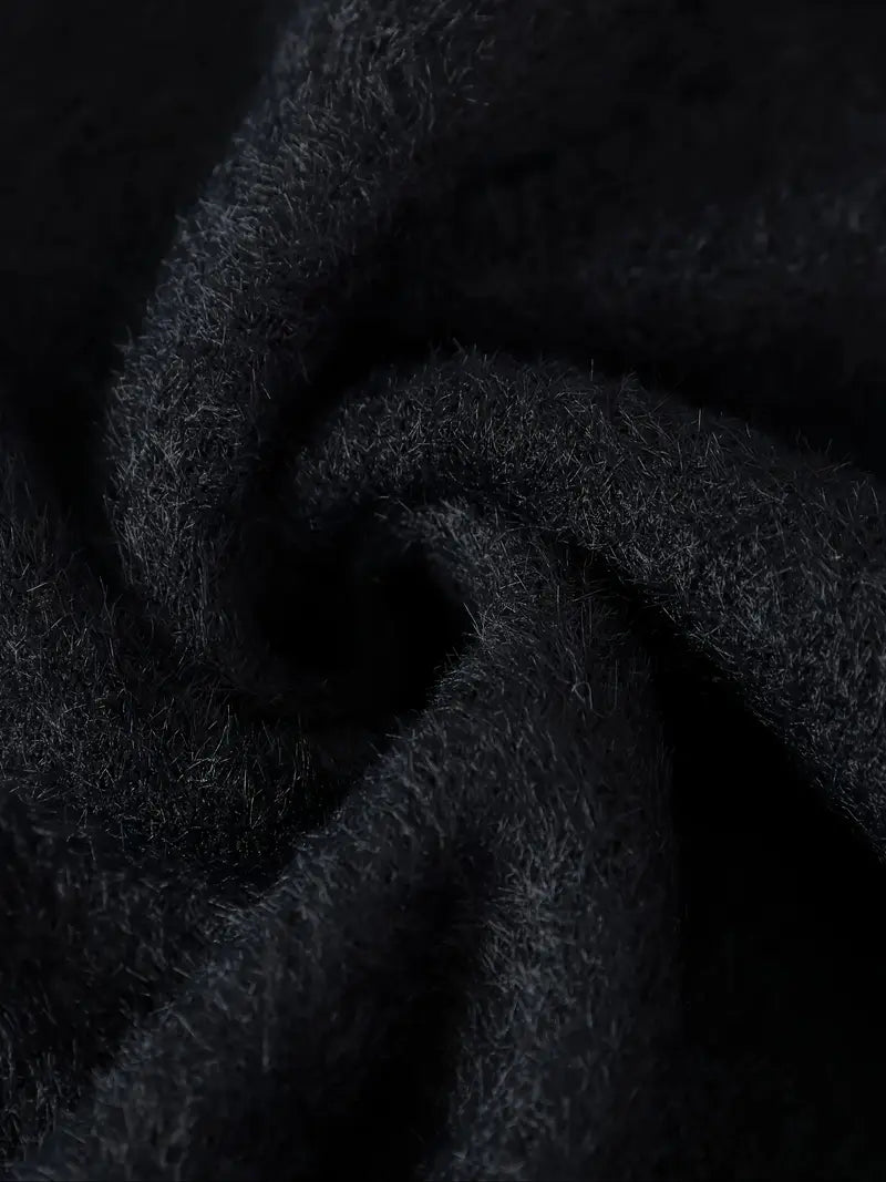 Fuzzy Gradient Sleeve Sweater – Soft Black Winter Pullover with Embroidered Deer Graphic