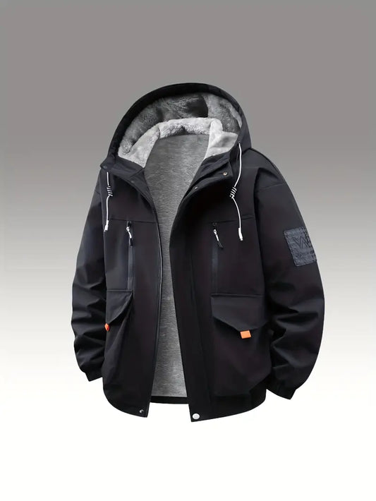 Men’s Black Fleece-Lined Winter Jacket – Waterproof Windproof Thermal Hooded Outdoor Coat