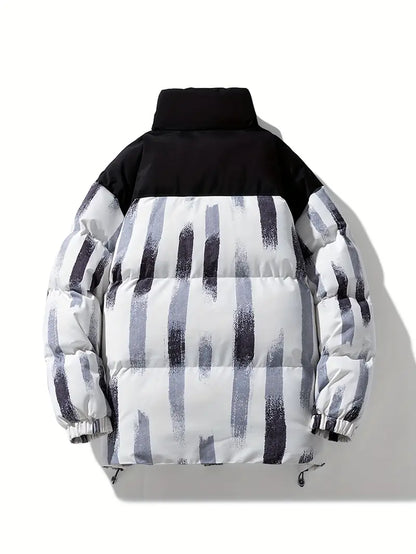 Men’s Printed Winter Puffer Jacket – Thick Warm Abstract Pattern Coat with High Collar (Black/White/Brown)
