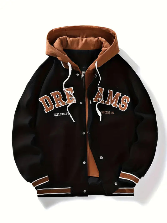 Men’s “DREAMS” Hooded Varsity Jacket – Casual Streetwear Letterman Coat with Embroidered Patch Details