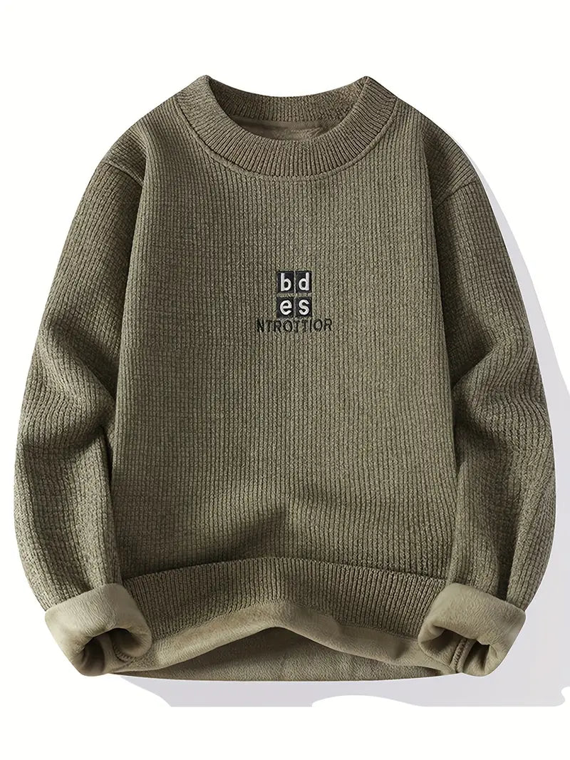 Beige Fleece-Lined Knit Sweater – Thick Winter Pullover with Embroidered Chest Logo