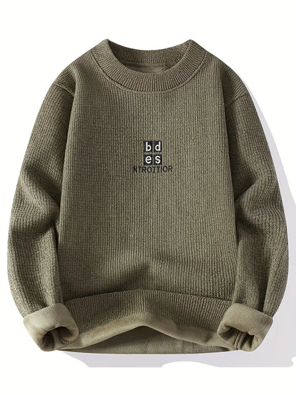 Beige Fleece-Lined Knit Sweater – Thick Winter Pullover with Embroidered Chest Logo