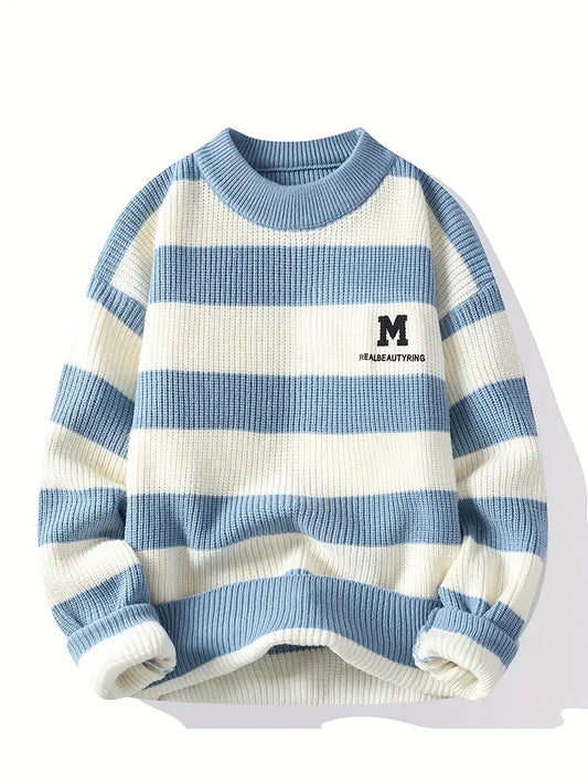 Black & White Striped Knit Sweater – Thick Winter Pullover with Embroidered “M” Logo