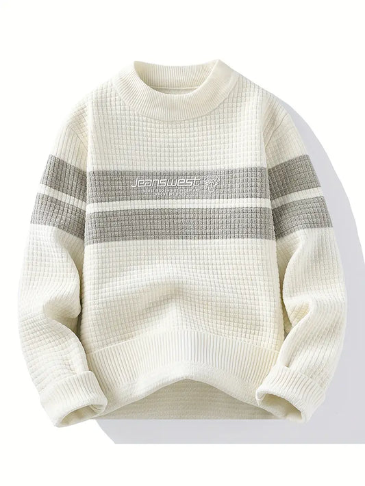 Grey & White Waffle Knit Sweater – Soft Winter Pullover with Embroidered Chest Logo