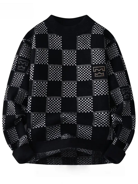 Checkerboard Knit Sweater – Black & Beige Geometric Winter Pullover