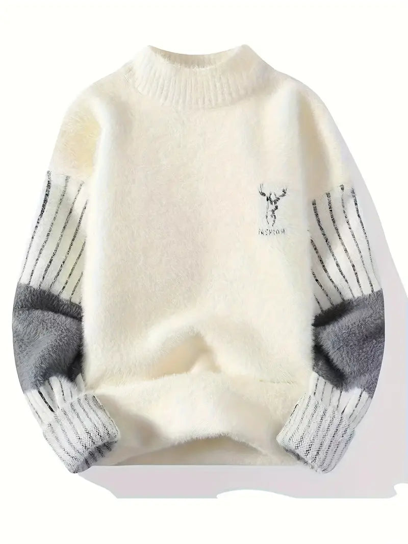 Fuzzy Gradient Sleeve Sweater – Soft Black Winter Pullover with Embroidered Deer Graphic