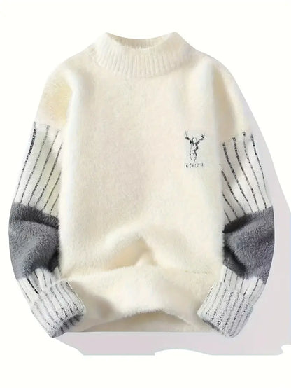 Fuzzy Gradient Sleeve Sweater – Soft Black Winter Pullover with Embroidered Deer Graphic