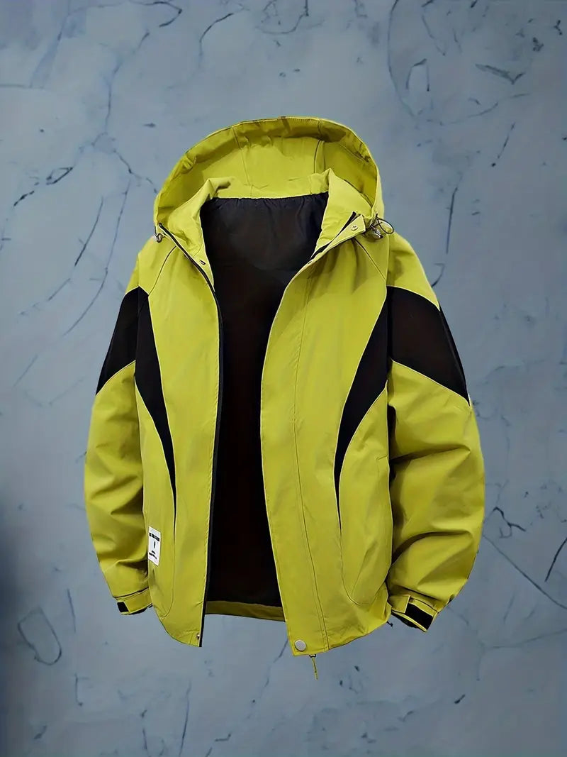 Men’s Yellow & Black Sport Windbreaker Jacket – Waterproof Lightweight Hooded Outdoor Coat