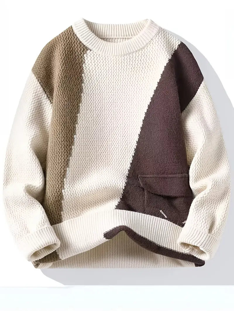 Patchwork Textured Knit Sweater – Beige & Brown Colorblock Winter Pullover with Pocket Detail