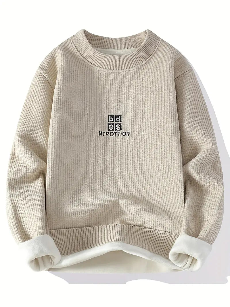 Beige Fleece-Lined Knit Sweater – Thick Winter Pullover with Embroidered Chest Logo