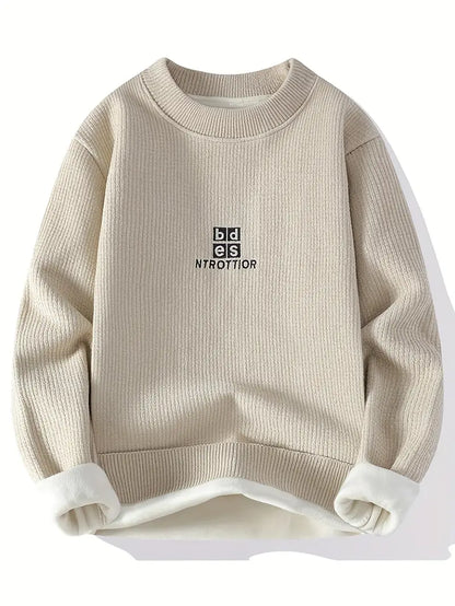 Beige Fleece-Lined Knit Sweater – Thick Winter Pullover with Embroidered Chest Logo