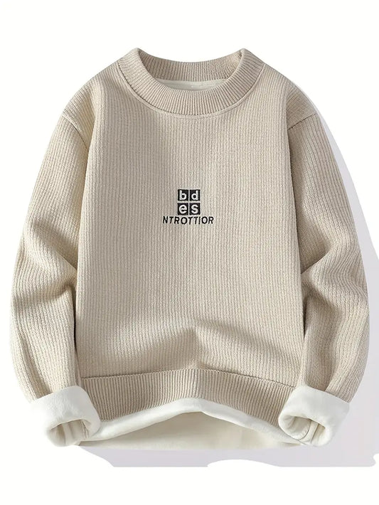 Beige Fleece-Lined Knit Sweater – Thick Winter Pullover with Embroidered Chest Logo