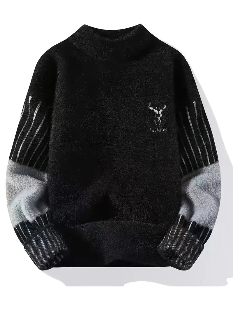 Fuzzy Gradient Sleeve Sweater – Soft Black Winter Pullover with Embroidered Deer Graphic