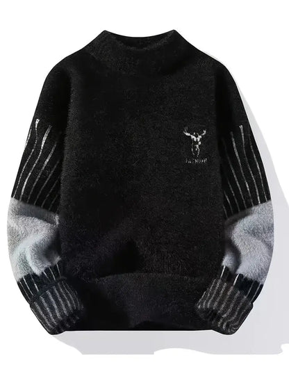 Fuzzy Gradient Sleeve Sweater – Soft Black Winter Pullover with Embroidered Deer Graphic
