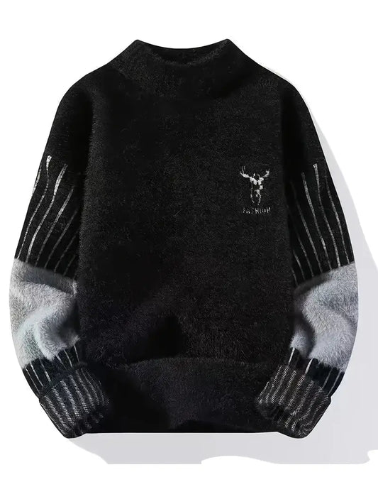 Fuzzy Gradient Sleeve Sweater – Soft Black Winter Pullover with Embroidered Deer Graphic