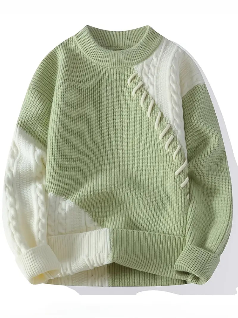 Green & White Patchwork Cable-Knit Sweater – Soft Winter Pullover with Decorative Stitching