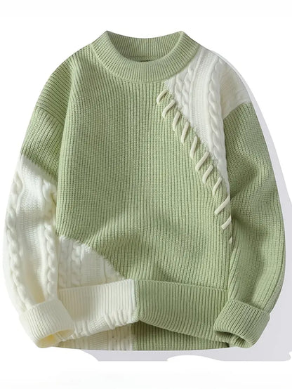 Green & White Patchwork Cable-Knit Sweater – Soft Winter Pullover with Decorative Stitching