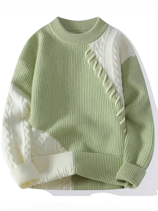 Green & White Patchwork Cable-Knit Sweater – Soft Winter Pullover with Decorative Stitching