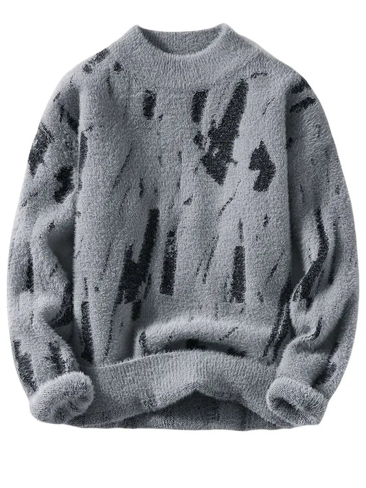Grey Fuzzy Abstract Knit Sweater – Soft Fluffy Winter Pullover with Streetwear Design