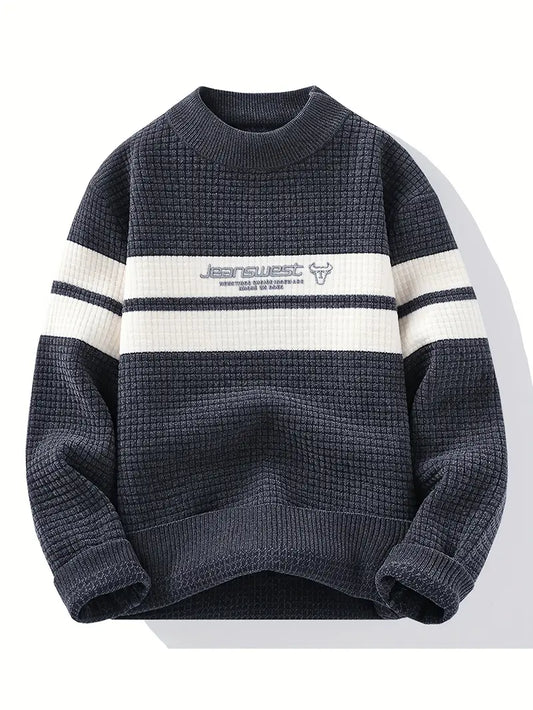 Grey & White Waffle Knit Sweater – Soft Winter Pullover with Embroidered Chest Logo