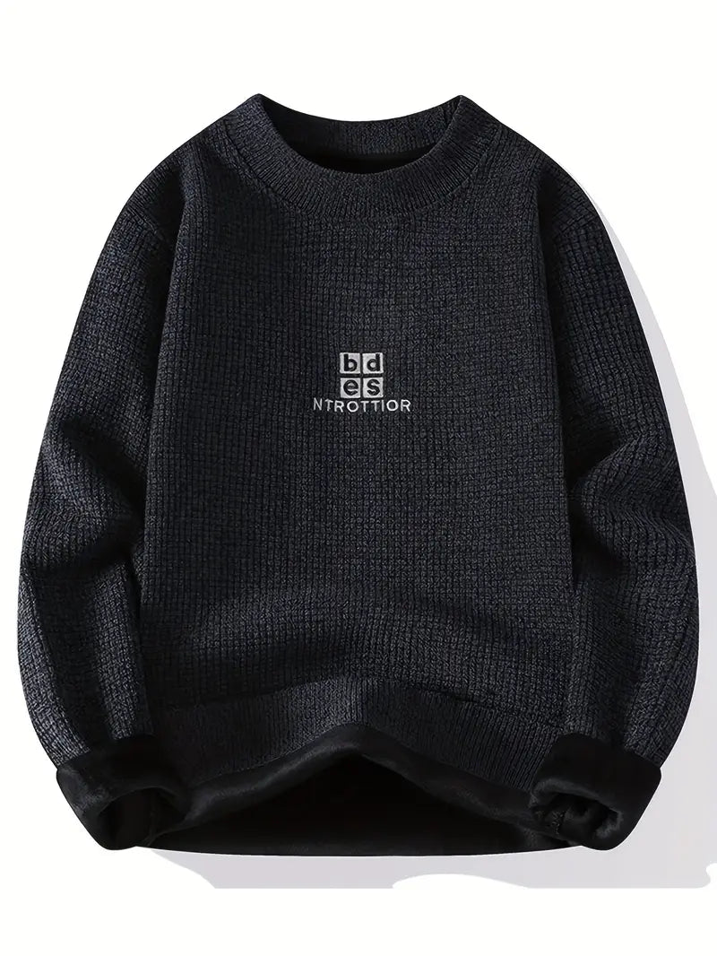 Beige Fleece-Lined Knit Sweater – Thick Winter Pullover with Embroidered Chest Logo