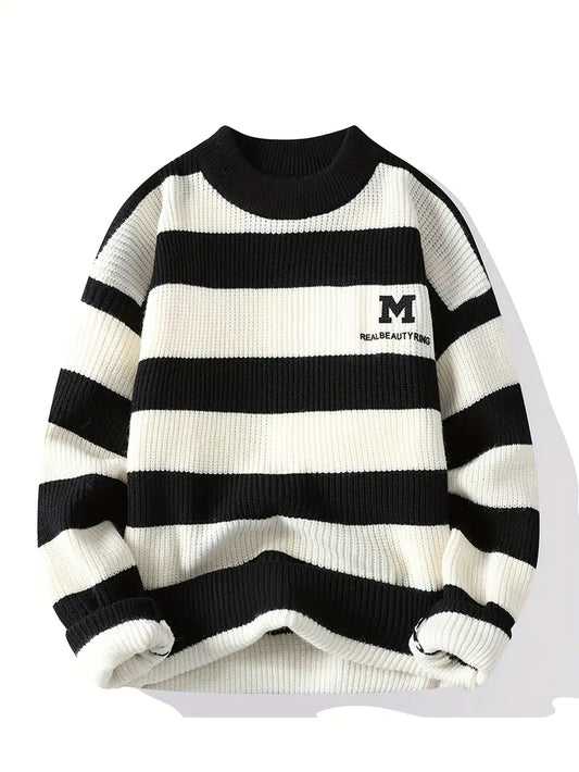 Black & White Striped Knit Sweater – Thick Winter Pullover with Embroidered “M” Logo