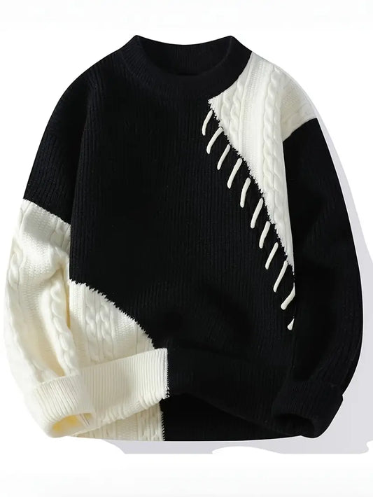 Green & White Patchwork Cable-Knit Sweater – Soft Winter Pullover with Decorative Stitching