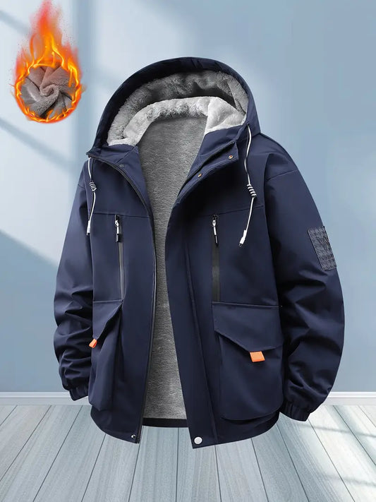 Men’s Heavy Fleece-Lined Winter Jacket – Waterproof Windproof Thermal Hooded Outdoor Coat (Navy)