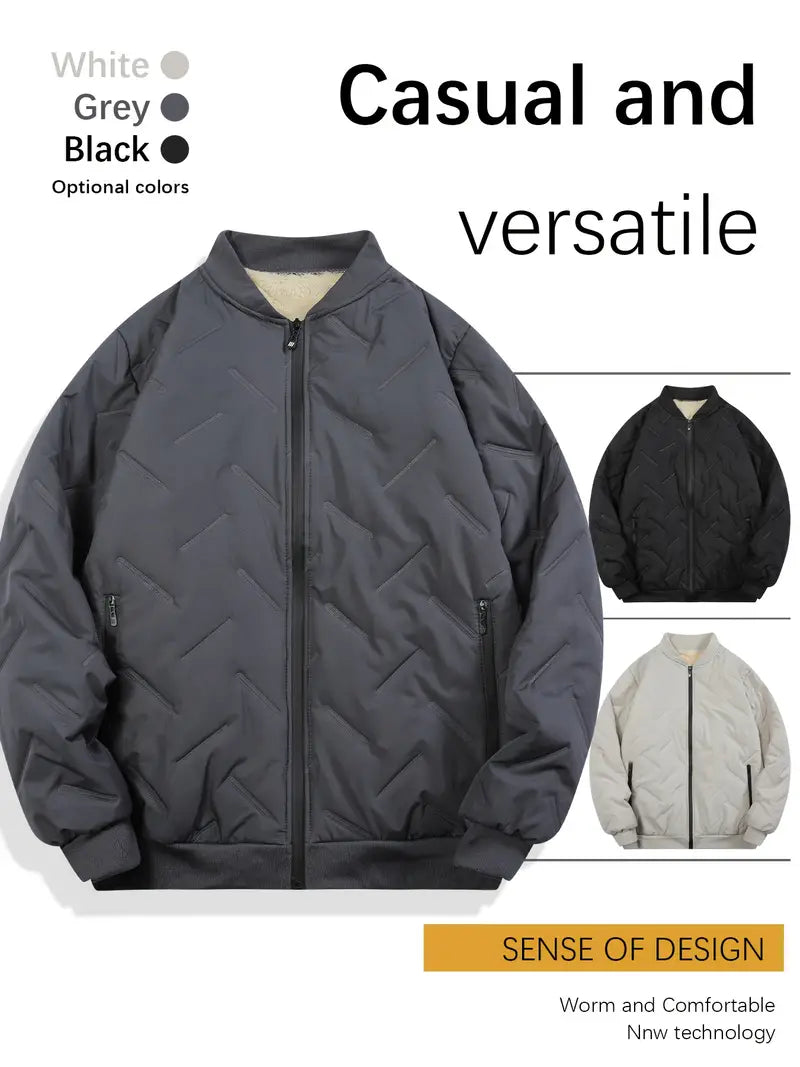 Men’s Fleece-Lined Winter Bomber Jacket – Thick Warm 100% Polyester Windproof Casual Coat (Black)