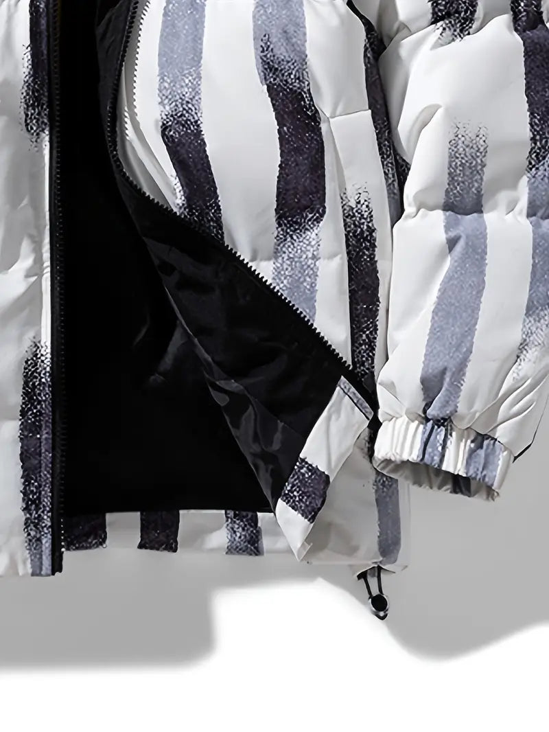 Men’s Printed Winter Puffer Jacket – Thick Warm Abstract Pattern Coat with High Collar (Black/White/Brown)