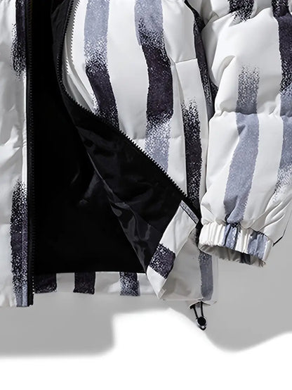 Men’s Printed Winter Puffer Jacket – Thick Warm Abstract Pattern Coat with High Collar (Black/White/Brown)