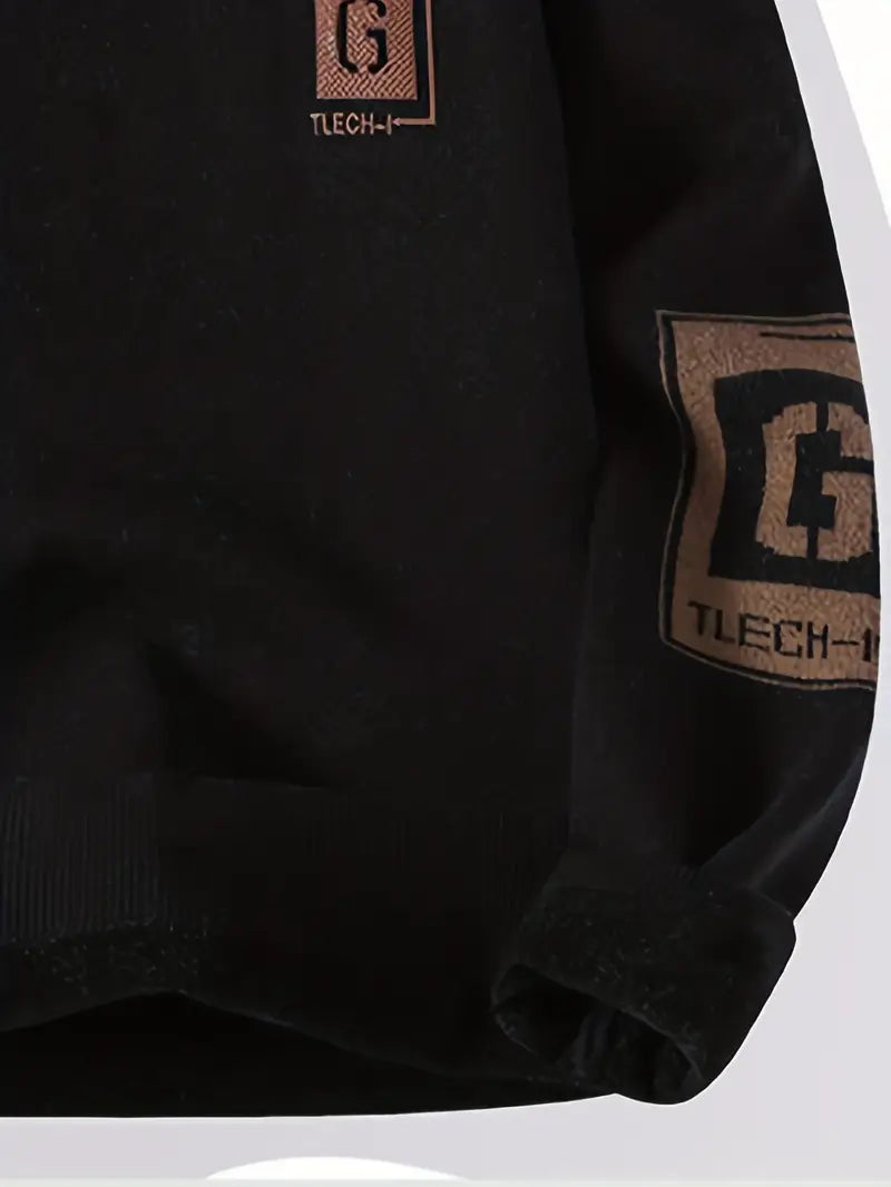 Men’s Winter Warm Fleece-Lined Sweatshirt – Casual Round Neck Pullover with Printed Patch Design