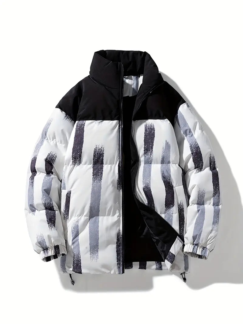Men’s Printed Winter Puffer Jacket – Thick Warm Abstract Pattern Coat with High Collar (Black/White/Brown)