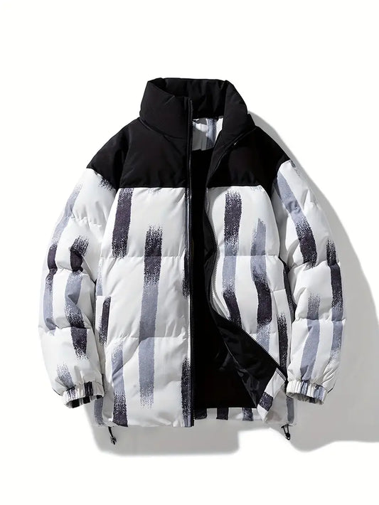 Men’s Printed Winter Puffer Jacket – Thick Warm Abstract Pattern Coat with High Collar (Black/White/Brown)