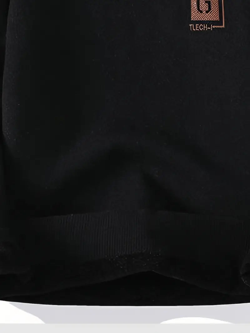 Men’s Winter Warm Fleece-Lined Sweatshirt – Casual Round Neck Pullover with Printed Patch Design