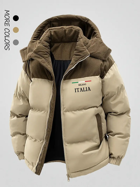 Men’s Corduroy Panel Puffer Jacket – Thick Warm Winter Hooded Coat with “Milano Italia” Embroidery