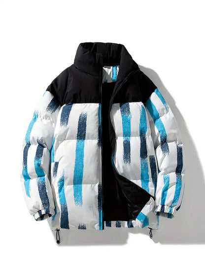 Men’s Printed Winter Puffer Jacket – Thick Warm Abstract Pattern Coat with High Collar (Black/White/Brown)
