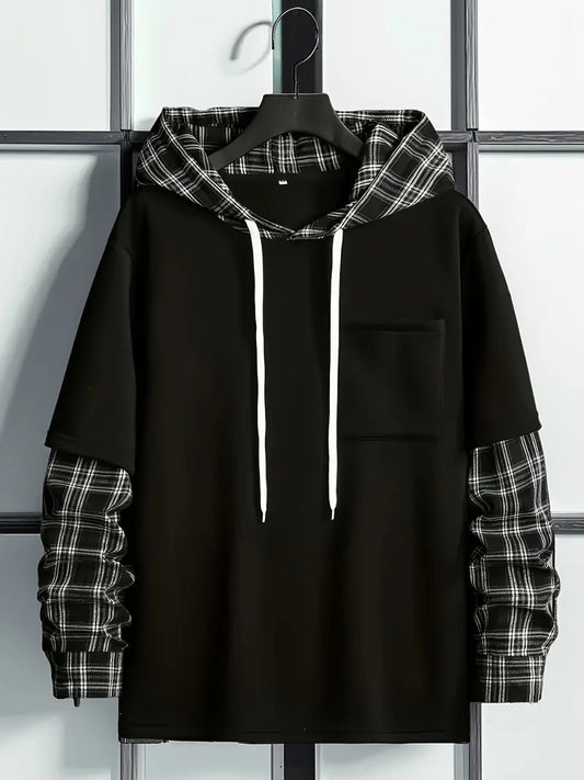 Men’s Layered Plaid Sleeve Hoodie – Trendy Streetwear Pullover with Plaid Hood & Pocket