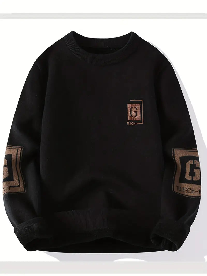 Men’s Winter Warm Fleece-Lined Sweatshirt – Casual Round Neck Pullover with Printed Patch Design