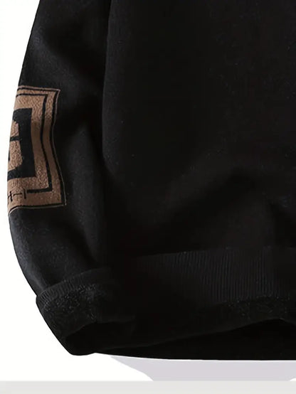 Men’s Winter Warm Fleece-Lined Sweatshirt – Casual Round Neck Pullover with Printed Patch Design