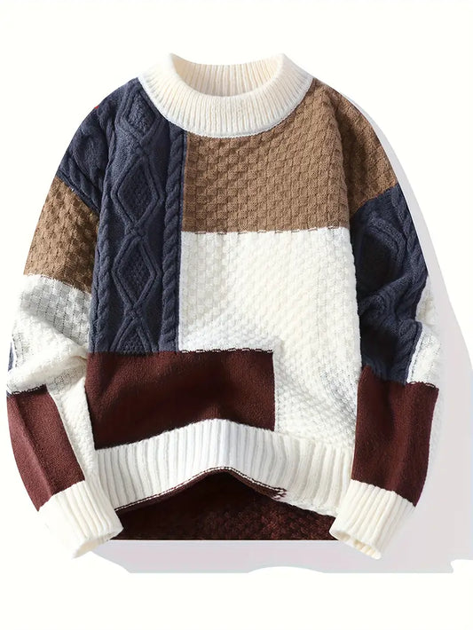 Men’s Patchwork Colorblock Chunky Knit Sweater – Thick Winter Warm Textured Pullover