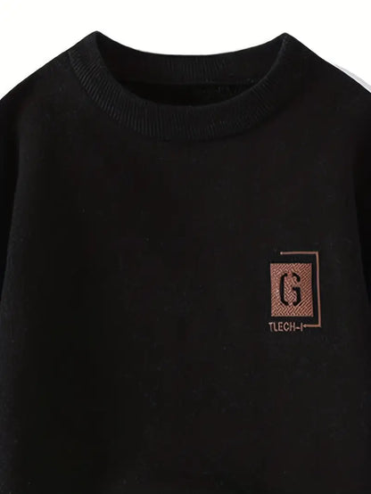 Men’s Winter Warm Fleece-Lined Sweatshirt – Casual Round Neck Pullover with Printed Patch Design