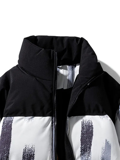 Men’s Printed Winter Puffer Jacket – Thick Warm Abstract Pattern Coat with High Collar (Black/White/Brown)