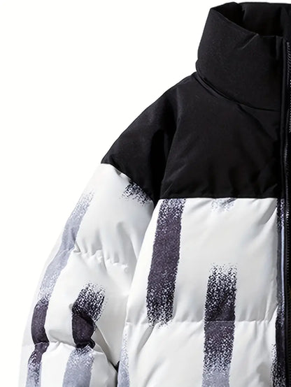 Men’s Printed Winter Puffer Jacket – Thick Warm Abstract Pattern Coat with High Collar (Black/White/Brown)
