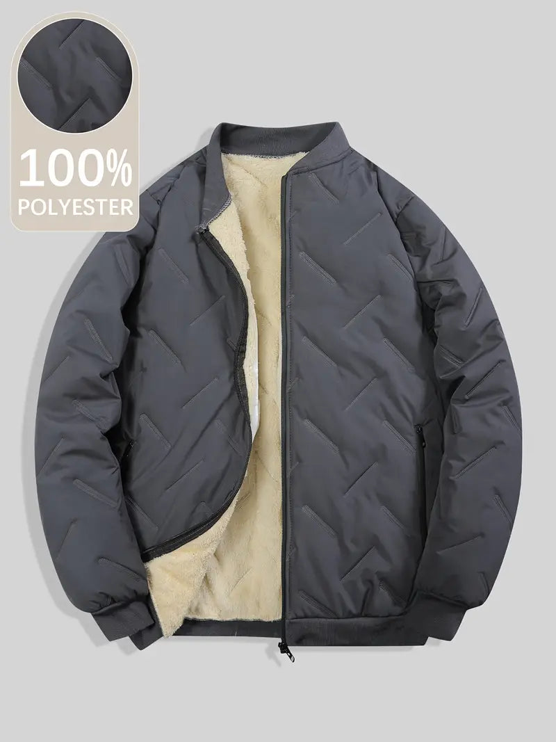 Men’s Fleece-Lined Winter Bomber Jacket – Thick Warm 100% Polyester Windproof Casual Coat (Black)