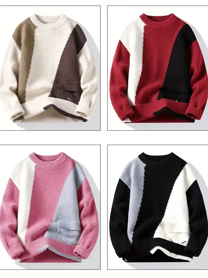 Patchwork Textured Knit Sweater – Beige & Brown Colorblock Winter Pullover with Pocket Detail