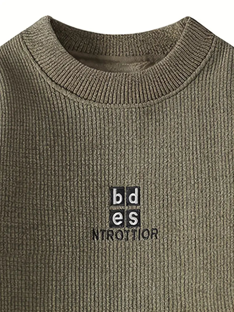 Beige Fleece-Lined Knit Sweater – Thick Winter Pullover with Embroidered Chest Logo