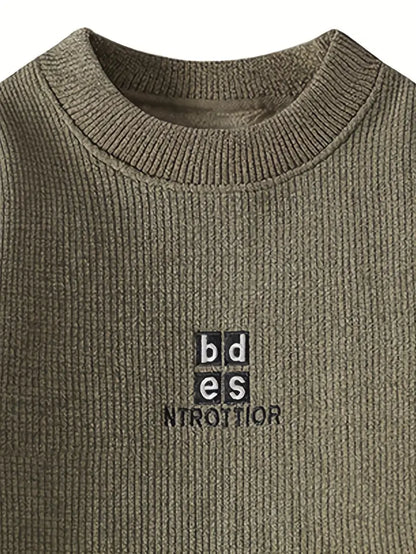 Beige Fleece-Lined Knit Sweater – Thick Winter Pullover with Embroidered Chest Logo